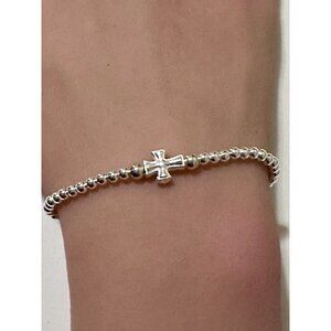 925 Sterling Silver Beaded Stretch Stacking Bracelet Minimalist Cross Religious